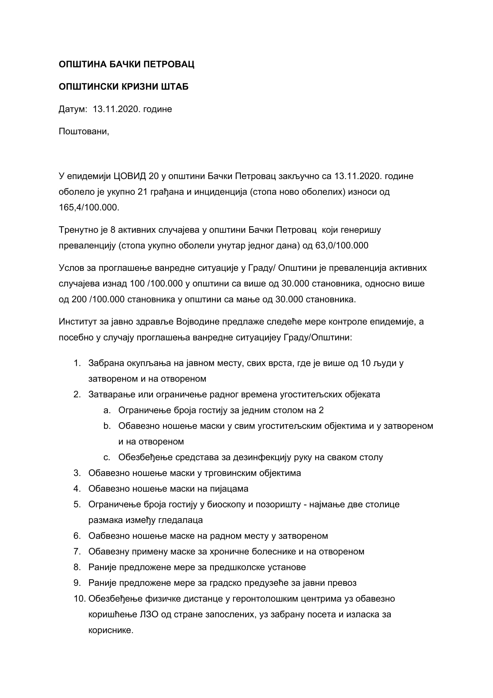 Општина Бачки Петровац Дневни извештај13.11.2020 1