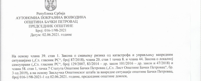 Opširnije: Odluka o ukidanju vanredne situacije za celu opštinu Bački Petrovac